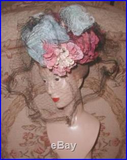 1940s ROBERT DUDLEY Tilt HAT w Pink Roses, Blue Ostrich Plumes, Silk Veil w BOX