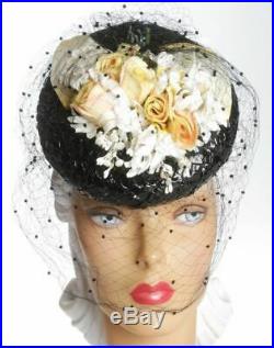 1940s Springtime Cellophane Straw Hat with Chenille Dots Face Veil & Florals