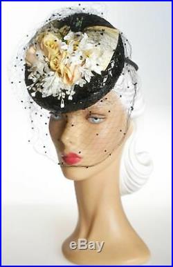 1940s Springtime Cellophane Straw Hat with Chenille Dots Face Veil & Florals