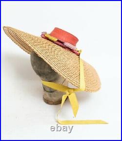 1940s Straw Hat Wide Brim Colorful Woven 40s
