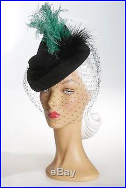 1940s Stunning Black Felt Hat with Squares Face Veil & OTT Greenie & Black Plume