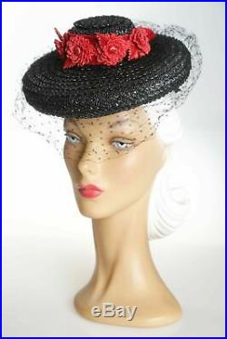1940s Stunning Navy Straw Hat with Square Dots Veil & Red Band with Florals