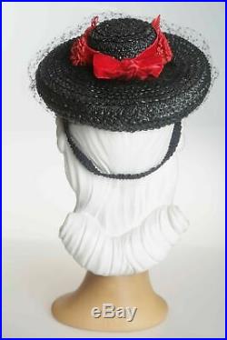 1940s Stunning Navy Straw Hat with Square Dots Veil & Red Band with Florals
