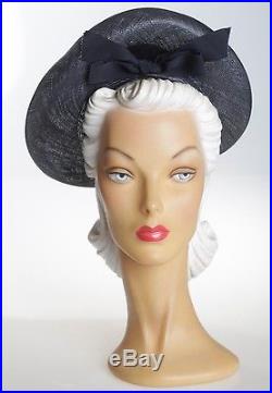 1940s Unique Style Navy Fine Woven Straw Hat with High Halo Brim & Bow