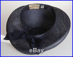 1940s Unique Style Navy Fine Woven Straw Hat with High Halo Brim & Bow