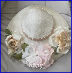 1940s VINTAGE Pancake Hat Ivory Gabardine withPink Silk Flowers Sz 22