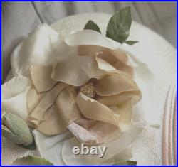 1940s VINTAGE Pancake Hat Ivory Gabardine withPink Silk Flowers Sz 22