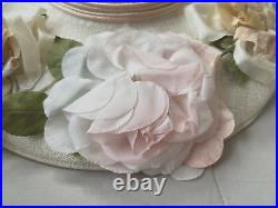 1940s VINTAGE Pancake Hat Ivory Gabardine withPink Silk Flowers Sz 22