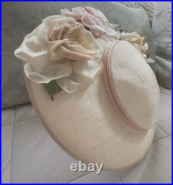 1940s VINTAGE Pancake Hat Ivory Gabardine withPink Silk Flowers Sz 22