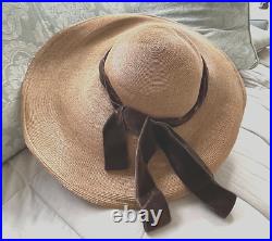 1940s VINTAGE THE FASHION Pancake Cocoa Straw Hat with Brown Velvet Band/Bow Sz 22