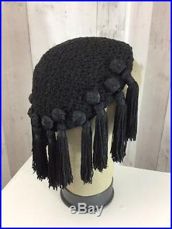 1940s Vintage Designer HATTIE CARNEGIE Black Knit Skullcap/Hat FringeVery Rare