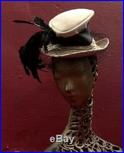 1940s Vintage Hat Veil Beige Tilt Top Evening Feather Mocha 40s 30s