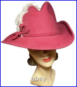 1940s Women's Red Fedora With Ostrich Feather