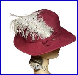 1940s Women's Red Fedora With Ostrich Feather