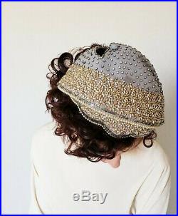 1950s Bes-Ben Beaded Hat Gray Wool Faux Pearl Rhinestones Dressy Evening Party
