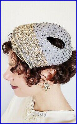 1950s Bes-Ben Beaded Hat Gray Wool Faux Pearl Rhinestones Dressy Evening Party