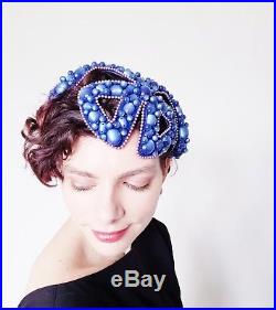 1950s Bes-Ben Cocktail Hat Blue Moonstone Beads Beaded Juliette Cap