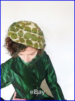1950s Bes-Ben Cocktail Hat Ivory Straw Green Silk Leaves Red Rhinestones Veiled