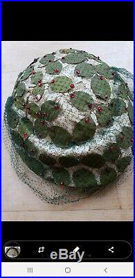 1950s Bes-Ben Cocktail Hat Ivory Straw Green Silk Leaves Red Rhinestones Veiled