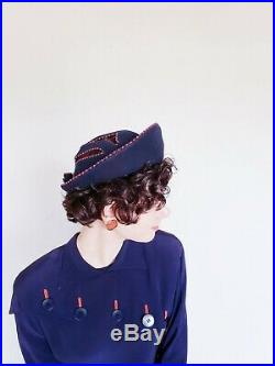 1950s Bes-Ben Cocktail Hat Navy Blue Wool Red Beads Sculpted Avant Garde 1940s