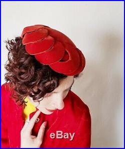 1950s Bes-Ben Cocktail Hat Red Velvet Beanie Hat Scalloped Panels RARE