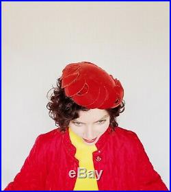 1950s Bes-Ben Cocktail Hat Red Velvet Beanie Hat Scalloped Panels RARE