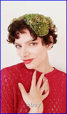 1950s Bes-Ben Hat Green Artichoke Flowers Leaves Waxed Plastic Designer MIlliner