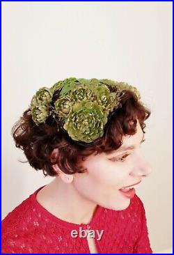 1950s Bes-Ben Hat Green Artichoke Flowers Leaves Waxed Plastic Designer MIlliner