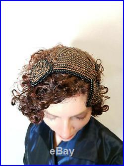 1950s Bes-Ben Heart Shaped Cocktail Hat Brown Black Beads Beaded RARE