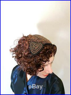 1950s Bes-Ben Heart Shaped Cocktail Hat Brown Black Beads Beaded RARE