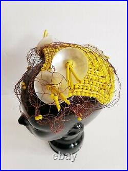 1950s Bes-Ben Yellow Beaded Cocktail Hat Modernist MCM Space Atomic Age Novelty