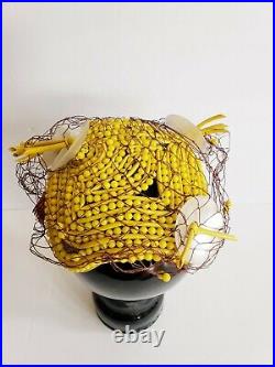 1950s Bes-Ben Yellow Beaded Cocktail Hat Modernist MCM Space Atomic Age Novelty
