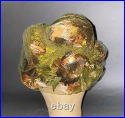 1950s Christian Dior Chapeaux Hat Olive Green Boucle with Feathers & Netting