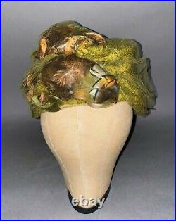 1950s Christian Dior Chapeaux Hat Olive Green Boucle with Feathers & Netting