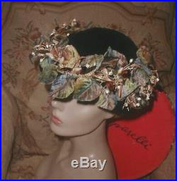1950s Pearly Floral Garden SCHIAPARELLI PARIS Velour Platter Hat Loaded w Trims