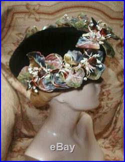 1950s Pearly Floral Garden SCHIAPARELLI PARIS Velour Platter Hat Loaded w Trims