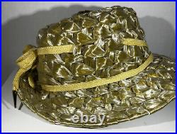 1950s Vintage SCHIAPARELLI Paris Soft Straw Brimmed Straw Hat Gold Gold Trim
