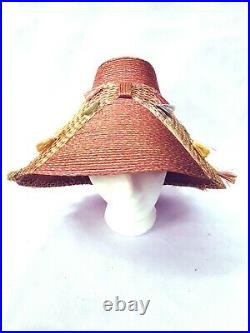 1950s Vintage unusual peach straw with tassels bucket hat Made in Italy Fab