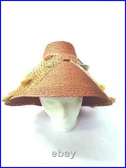 1950s Vintage unusual peach straw with tassels bucket hat Made in Italy Fab