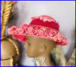 1950s Women's Lady Ladies Hat Pinks Millinery Flowers Wide Brim Antique Vintage