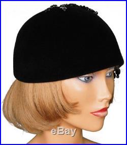 1960s Cloche Hat with Crystal Beads, Black Felt