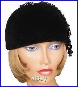 1960s Cloche Hat with Crystal Beads, Black Felt