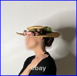 1990s Floral Straw Sun Hat with Pink Roses Wide Brim Sun Hat Vintage Hat