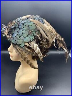 19th Early 20th Century Antique Womens Peacock Feather/Mixed Hat Elegant