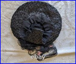 19th c. Victorian BLACK MOURNING HAT with Long Veil and Gold Hat Pin