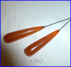 2 Antique Edwardian 13 Long Hat Pins with Translucent Amber Honey Color Heads