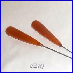 2 Antique Edwardian 13 Long Hat Pins with Translucent Amber Honey Color Heads
