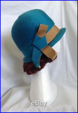 20s 30s Revival Vintage Flapper RAWAK Teal Wool Cloche Hat Women Ladies Goodwood