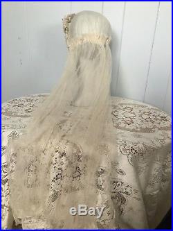 20s Wedding Veil White Net Lace Floral Flower Crown Rare Antique 1920s