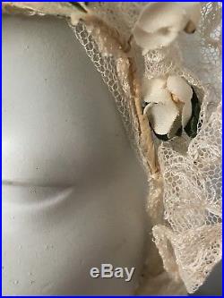 20s Wedding Veil White Net Lace Floral Flower Crown Rare Antique 1920s